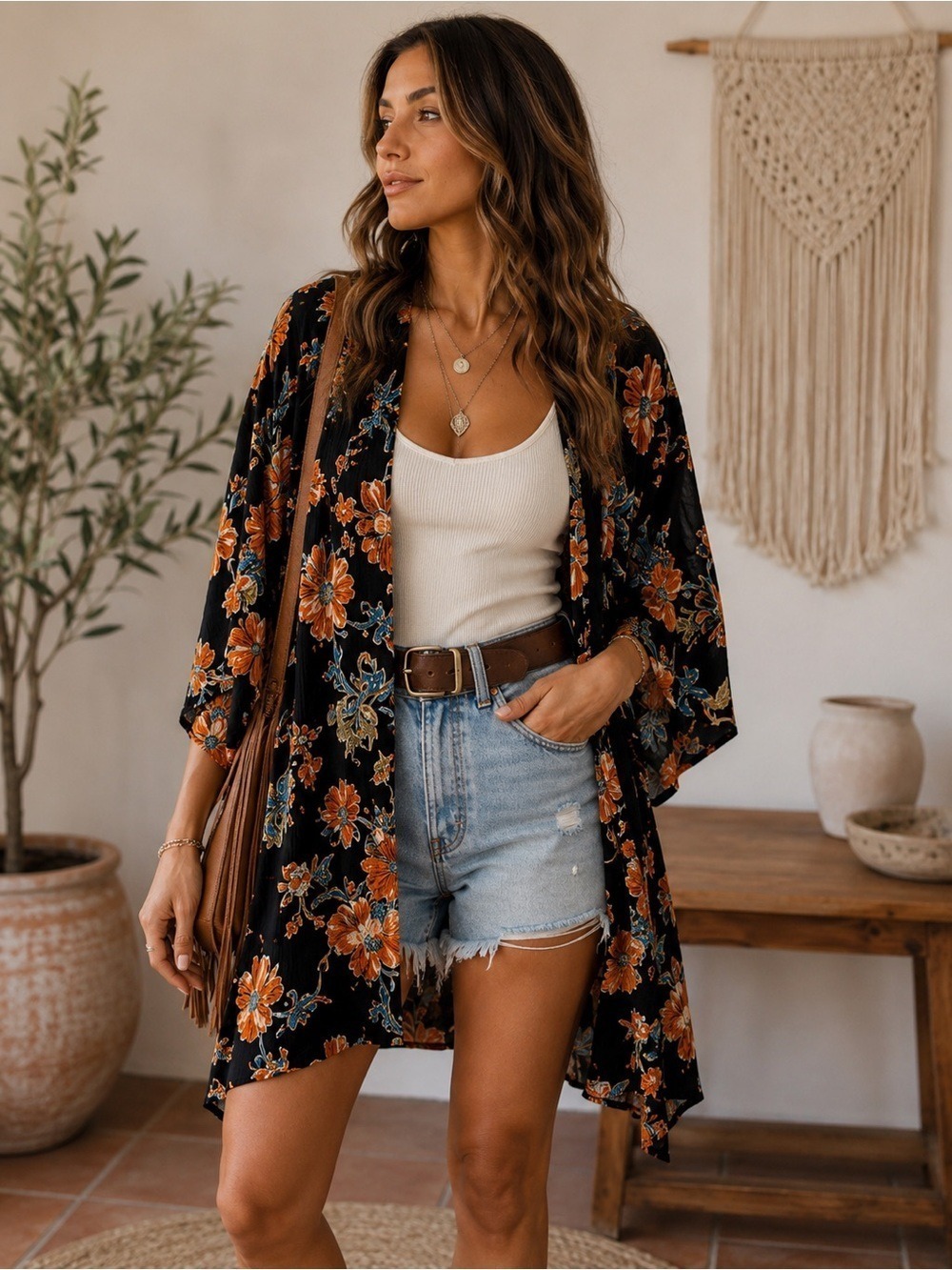 Patrons of Peace Floral Kimono Cardigan Boho Open Front Duster Rayon M Topper